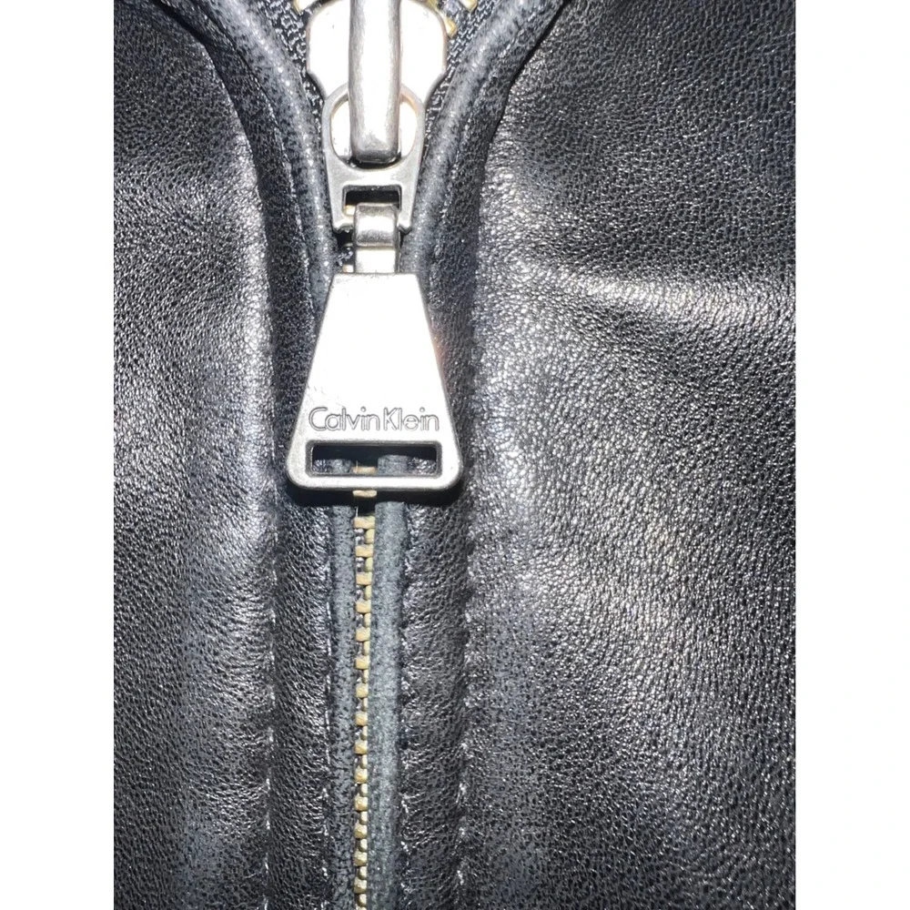 Calvin Klein Mens Black Leather Full‎ Zip Jacket Size Large Point Collar